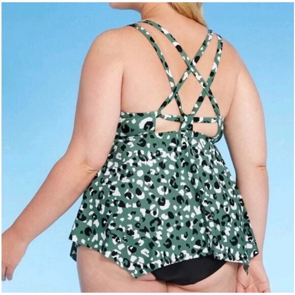 Kona Sol Tankini 2X Green Leopard Print Black High Waisted Coverage - Picture 2 of 16